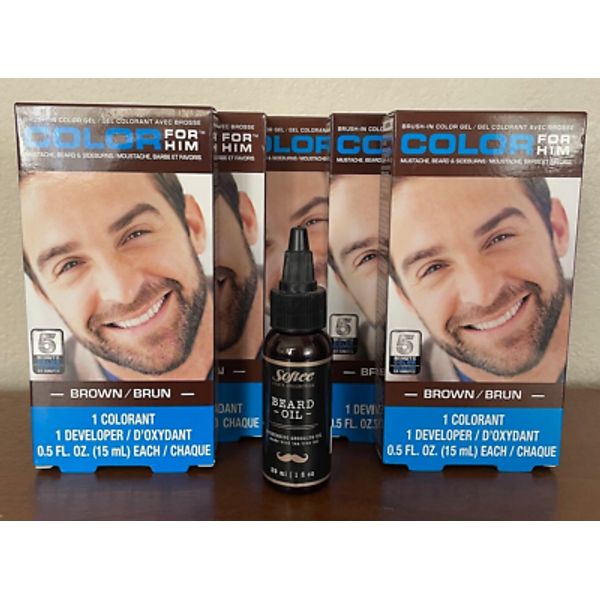 SET OF 5 Color For Him Men's Facial Hair Dye Mustache Beard Brown FREE Beard Oil