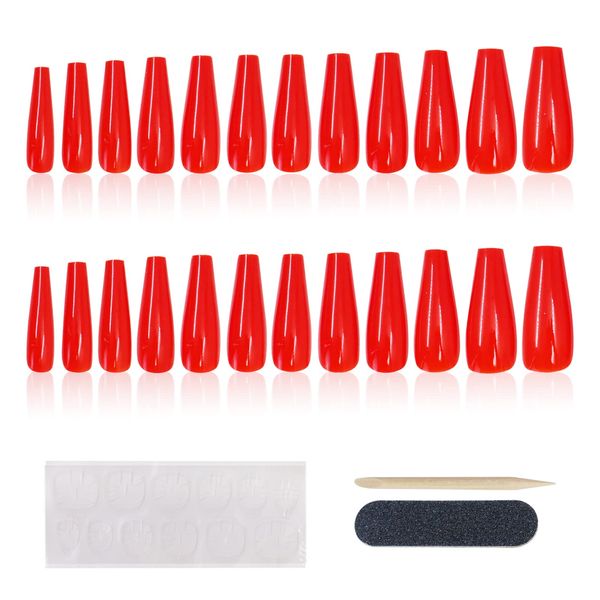 Modixun Glossy Coffin Press on Nails Long, 24Pcs Solid Color Ballerina Fake Nails Glue on Nails, False Nails Acrylic Nails with Glue, Nail File and Wood Stick, Red