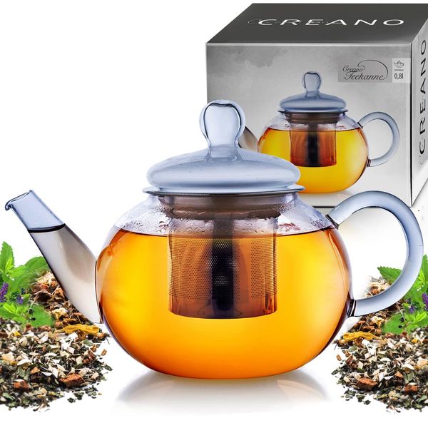 Creano Glass Teapot 800ml - Stovetop Safe Tea Kettle with Stainless Steel Infuser and Glass Lid - Ideal for Preparing Loose Teas - Drip Free