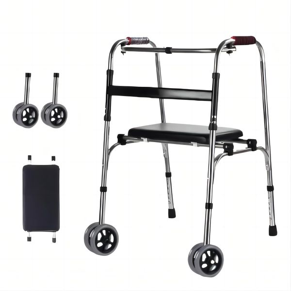 Yubbuio Folding Walker, Walking Aid, Walk Tool, Stainless Steel, Adjustable Height, 6 Levels of Height, For Adults, Lightweight, Alternating and Fixed, 2-Way Rehabilitation, Nursing, Seat, Elderly,