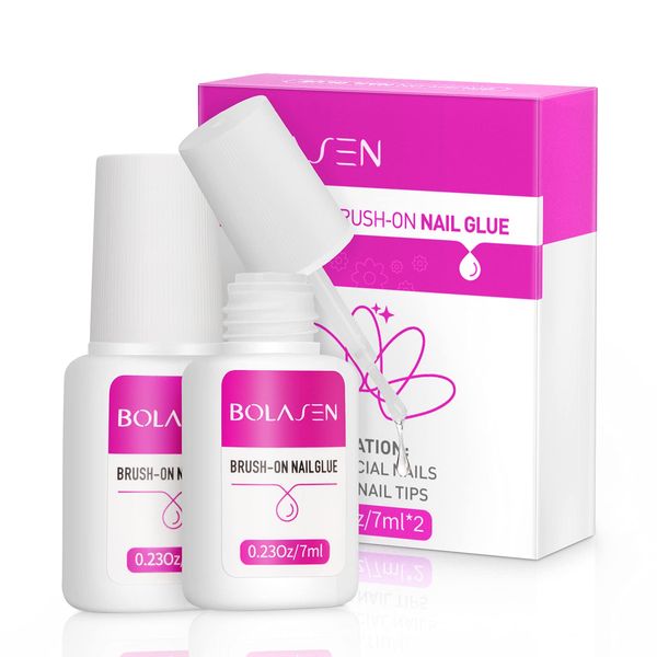 BOLASEN Strong Nail Glue for False Nails (2*7ml) False Nail Glue Brush on Nail Glue Extra Strong for Acrylic Tips Quick Dry Acrylic Nail Glue for Broken Nails Professional Nail Glue for Stick on Nails