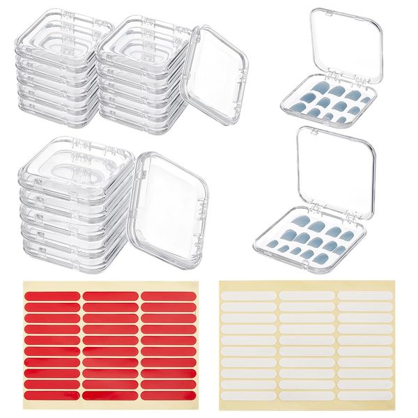 BENECREAT False Nail Storage Box, 20 Pieces, 2 Sizes, 2 Sheets of Double Sided Tape, Transparent, Artificial Claws, Clear Display Storage Case, Packing Box for Nail Salon