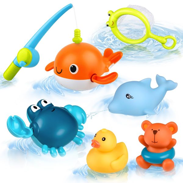 Bath Toys, twoonto Wind Up Bathroom Toy Bath Squirt Toys Magnetic Fishing Games Bath Toy With Fishing Net Fishing Rod Floating Pool Bathtub Toys, Montessori Toys for Toddlers Boys Girls