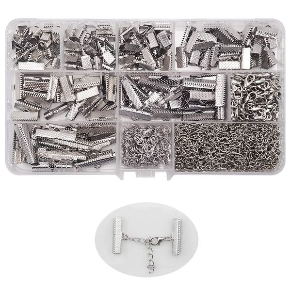 INSPIRELLE 100 Sets Assorted Size Rhodium Ends for Ribbon Bracelet Bookmark Making Crimps Kit with Lobster Clasps and Chain Extenders