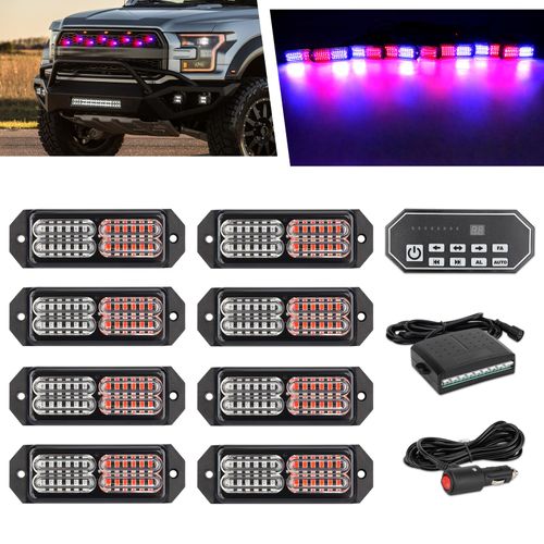 OPP ULITE Led Strobe Lights Red Blue 8 in 1 with 9 Key Switch, 20 Flashing Mode 24-LED Surface Mount Mini Warning Grill Grille Light Bar for Construction Tow Trucks Van Utility Vehicles