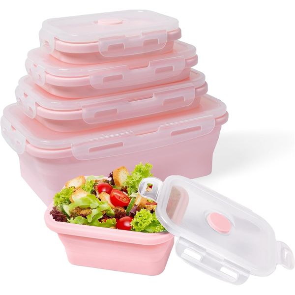 Esie Houzie Silicone Collapsible Food Containers Set of 4- Portable Airtight Food Storage Container with Lids Collapsible Bento Lunch Box Space Saving for Kitchen Camping Picnic School Office (Pink)