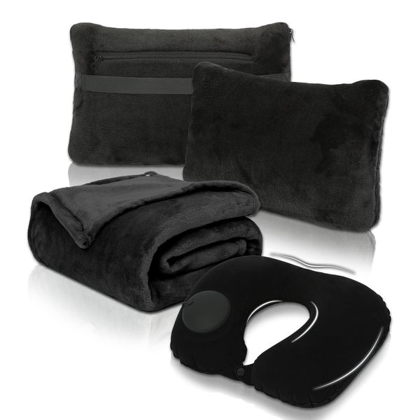 Travel Blanket and Pillow Set - Portable Inflatable Travel Neck Pillow and Premium Soft Airplane Blanket with Built-in Soft Bag, Neck Snaps, Zippered Pouch, and Hand Luggage Belt, 70" x 40" (Black)