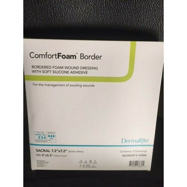 (Box of 5) DermaRite ComfortFoam Border Dressing Sacral (7.2”x7.2”), Exp 10/2023