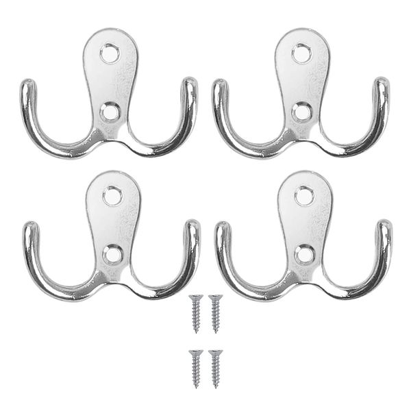 Double Prong Coat Hook Robe Hooks Dual Coat Hooks Wall Mounted Hanging Clothes Metal Door Hooks for Bathroom Bedrooms Hanging Clothes Robe Towel Kitchen (Sliver) - 4PCS