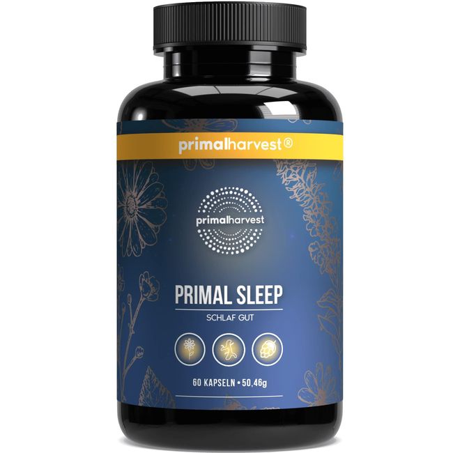 Primal Harvest® Schlaf Gut Kapseln (60 Stk) – Natürliche Mischung mit Apigenin, L-Tryptophan, Kamille und Baldrian - Kräutermischung als Melatonin-Alternative - In Deutschland hergestellt