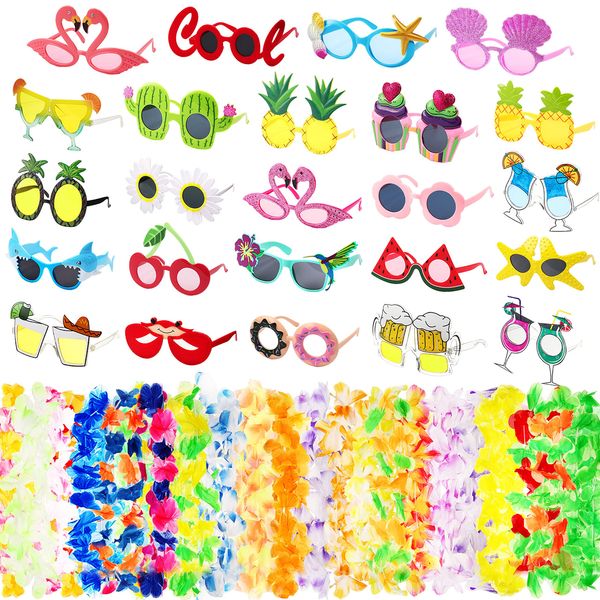 Yunsailing 48 Pcs Luau Party Decorations Include 24 Hawaiian Leis and 24 Sunglasses Party Favor for Summer Beach Hawaii Party