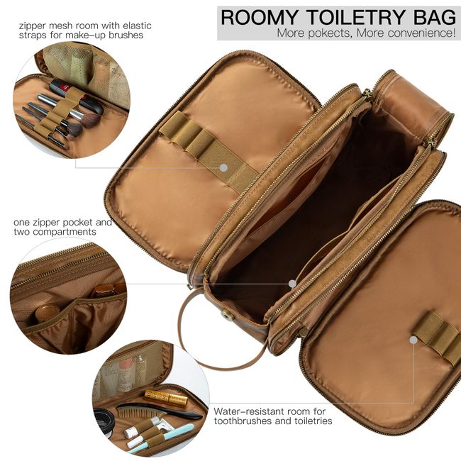 Elviros Travel Toiletry Bag , Water-Resistant Leather Makeup Organizer