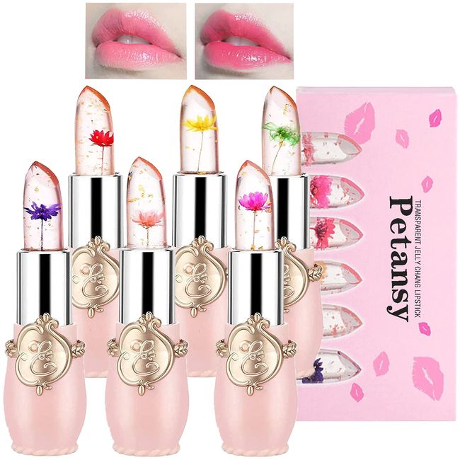 Petansy 6 Pack Crystal Jelly Flower Lipstick Set, Nutritious Temperature Change Lip Balm Long Lasting Moisturizer Lip Gloss Magic Color Change Lip Stick Set