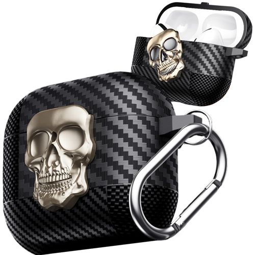 YSNZAQ Skull Design Case for AirPods 4, Cool Carbon Fiber Grain Military-Grade Shockproof Earphone Case with Carabiner & Secure Lock Clip for AirPods 4th Generation KLT Gold