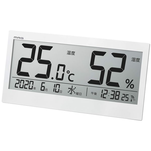 MAG TH-107WH-Z Thermometer/Hygrometer, Digital Radio Watch, Big Meter, Large Screen, Date Display, Day Display, White