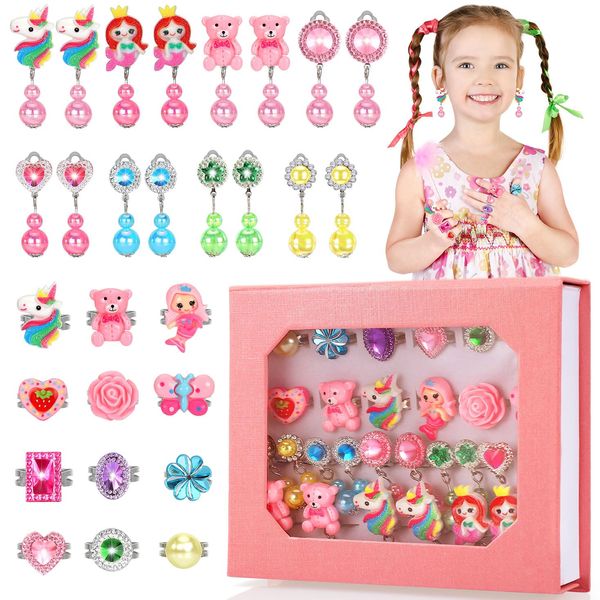 Jewelry Girl Toys for Ages 2-4, Adjustable 28 Lovely Rings for Kids, Clip On Earrings in Gift Box, 2 3 4 5 6 7 8 Year Old Girls Christmas Birthday Gifts, Toddler Toy for Princess Dress Up, Party Favor