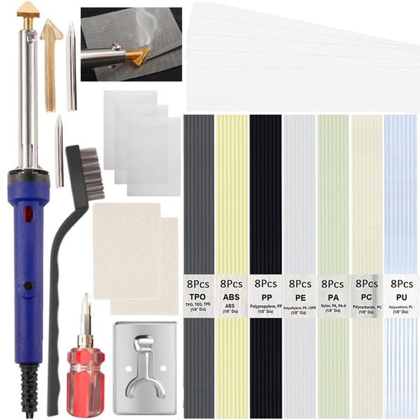 100W Plastic Welding Kit, Plastic Welder Soldering Iron Kit with 56pcs Rods, Professional Surface Repair Tool for Car Bumper with 4 Welding Tips, Patch Net,Hot Iron Stand,Wire Brush,Metal Stand, etc.