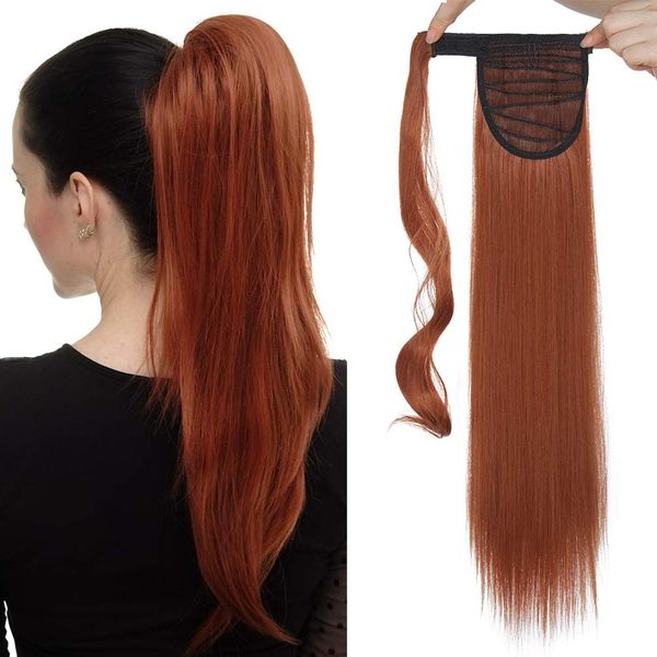 Ponytail Hair Extensions Clip In Straight 23" Inch/58CM One Piece Wrap Around Hairpiece Ombre Silky For Women - Red Brown & Orange