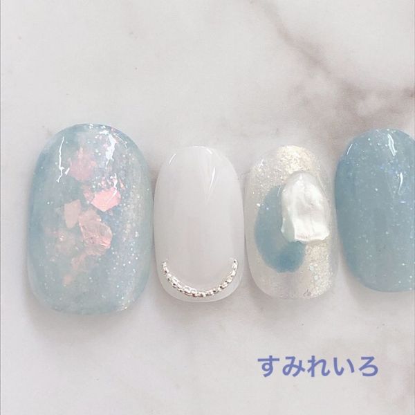 Nail tip false nails bridal nails cute short long design summer nails nail present short nails small nails large nails berry short chibi nails adult nails false nails office nails simple<br> [1817] Baby blue white shell