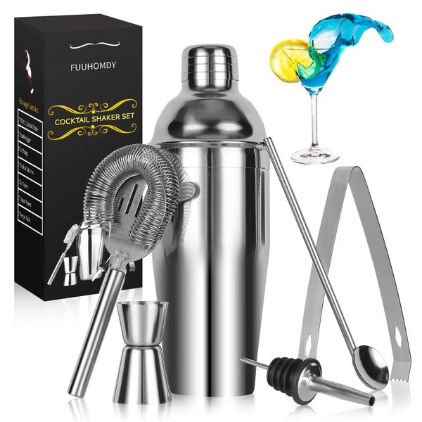 Cocktail Making Set, Cocktail Shakers 6 Pieces Set 750ml Capacity with Bar Accessories and Recipes Made of Food Grade Stainless Steel 304 Great for Home and Bar Use or As a Gift