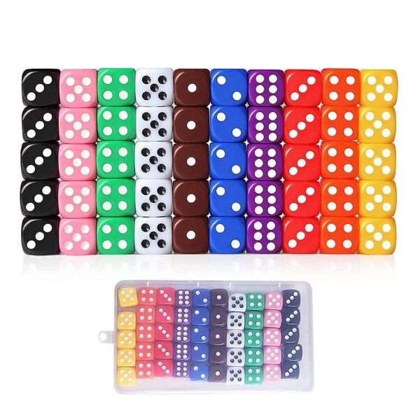 Lvcky 50Pcs 6 Sided Bright color Dices Dotted Dice Game Set With Velvet Bag Bar KTV Party Math tutoring 16mm Mixed Color Great alternative to standard game dice