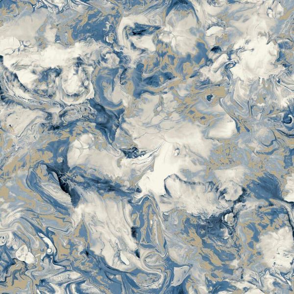 Y�L Elixir Liquid Marble Effect Wallpaper Swirls Blue Gold Metallic Shimmer