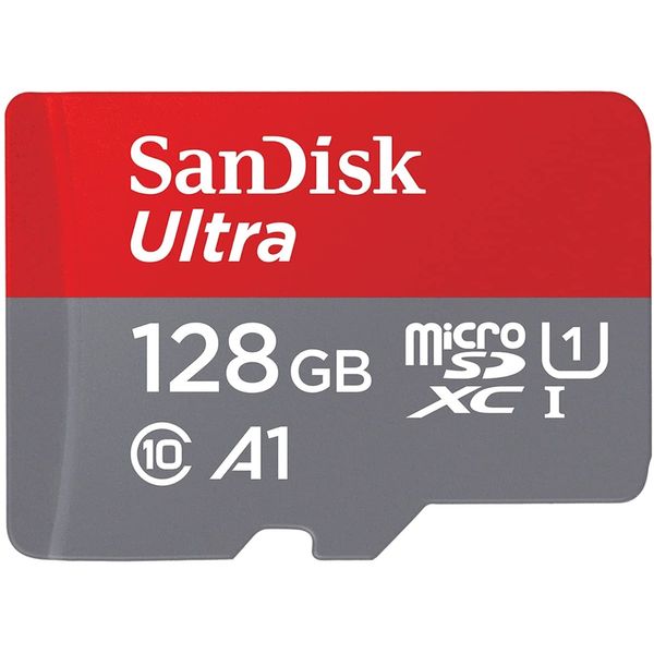 SanDisk Ultra microSDXC UHS-I memory card 128 GB + adapter (A1, Class 10, U1, Full HD videos, up to 120 MB/s read speed)|| Speed-Mbps/10x