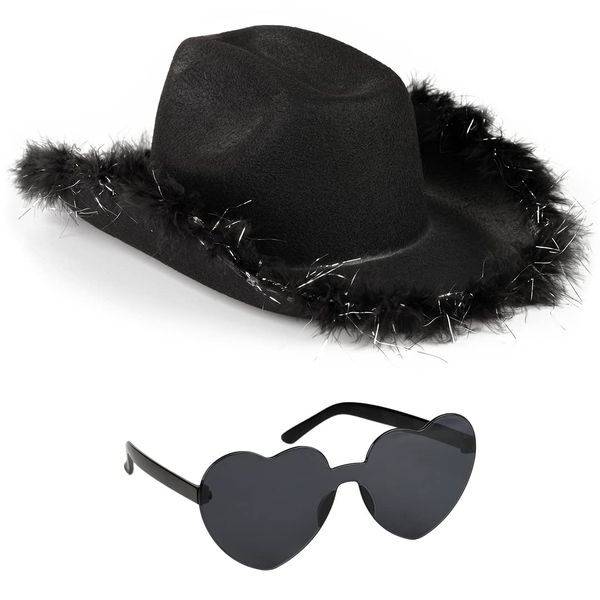 Funcredible Black Cowboy Hat and Glasses - Fluffy Cowgirl Hat - Feather Cowboy Hats for Women - Cowgirl Costume Accessories