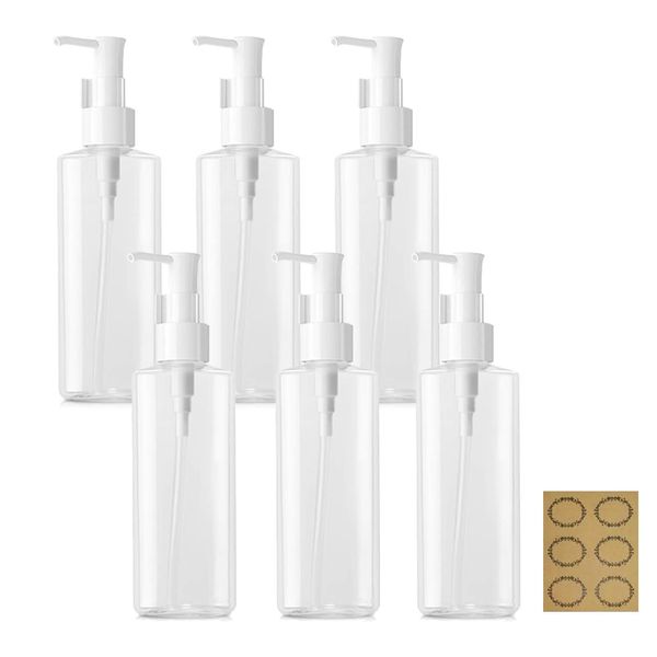 Apstaqeoo 6Pcs 100ML Empty Lotion Dispenser Refillable Clear Plastic Oval Travel Bottles Makeup Cosmetic Flat Container Dispenser with Pump Head & Labels for Gel Creams Shampoo Massage Cleansing Oil