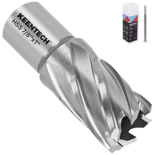 KEENTECH HSS Annular Cutter,7/8 Inch Diameter x 1 Inch Depth, 3/4 Inch Weldon Shank (2 Flat), M2AL High Speed Steel Mag Drill Bit with 1/4" x 3" Pilot Pin for Stainless Steel, Cast Iron, Alloy