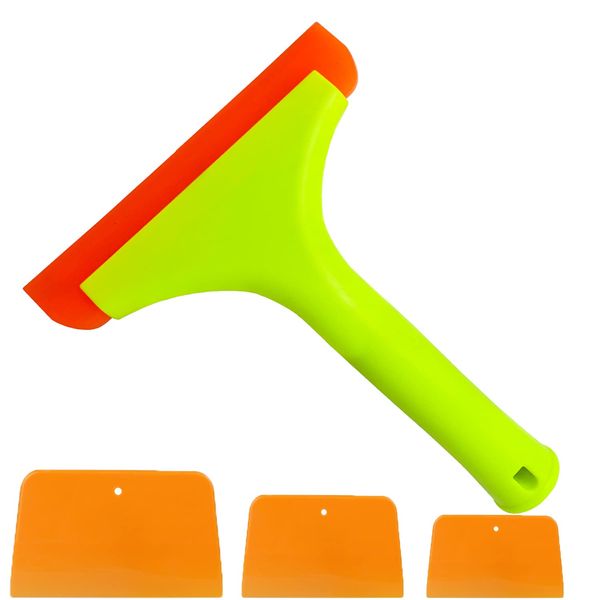 Silicone Squeegee for Shower Glass Door + 3 Pcs Body Filler Spreaders 4/ 5/ 6 Inch, Window Cleaning Shower Squeegee with 5.9'' Blade and 7.5'' No-Slip Long Handle for Car Windshield Mirror Glass Door.