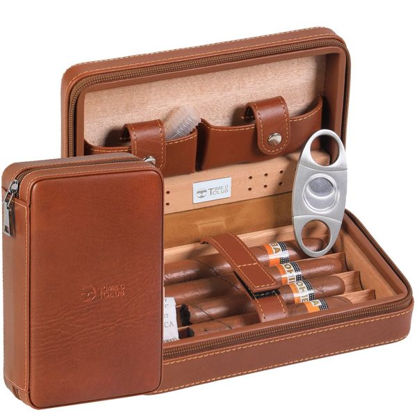 4-Finger Portable Travel Leather Cigar Case, Cigar Cutter,Cigar Humidor with Cigar Cutter and Humidifier, Groomsmen Gift, Birthday Gift