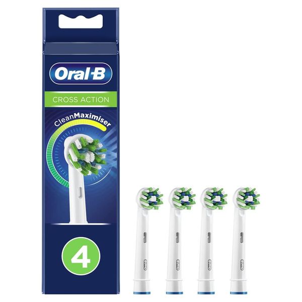 Oral-B Cross Action Electric Toothbrush Head with CleanMaximiser Technology, Angled Bristles for Deeper Plaque Removal, Pack of 4 Toothbrush Heads, White