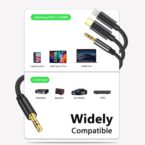 3 in 1 Aux Audio Cord for iPhone [Apple Mfi Certified], USB C to 3.5mm Aux, Lightning to 3.5mm Aux Cable Fit with iPhone 16 15 14 13 12, Pixel 9 8 7, Galaxy S24 S23, iPad/MacBook Pro to Car Stereo