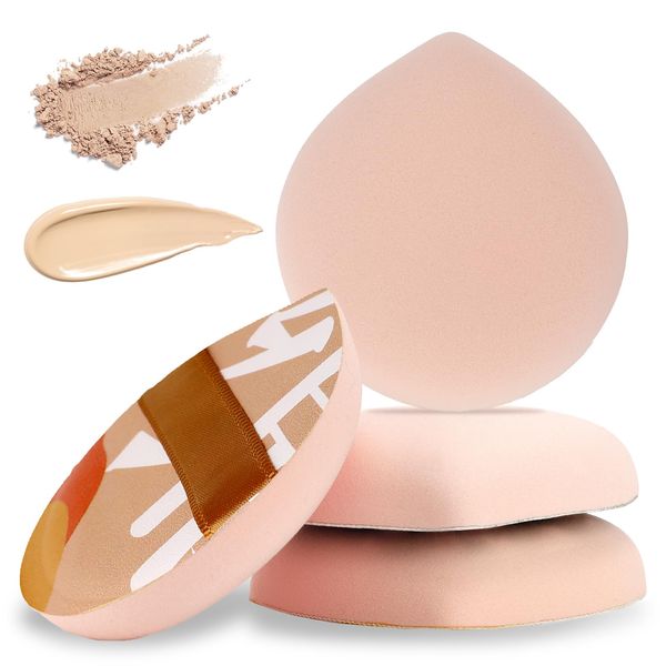 4 PCS Korean Powder Puffs, Soft Makeup Puff Teardrop Setting Foundation Sponge Face Makeup Cushion Puff Beauty Blender Sponge Applicators for Concealer Liquid Cream Powder, Beginner Friendly, Medium