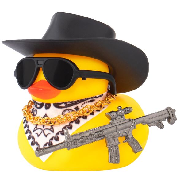 wonuu Car Rubber Duck Ornament Cool Car Accessories Duck Car Dashboard Decoration Special Prop Cowboy Hat Necklace, M416