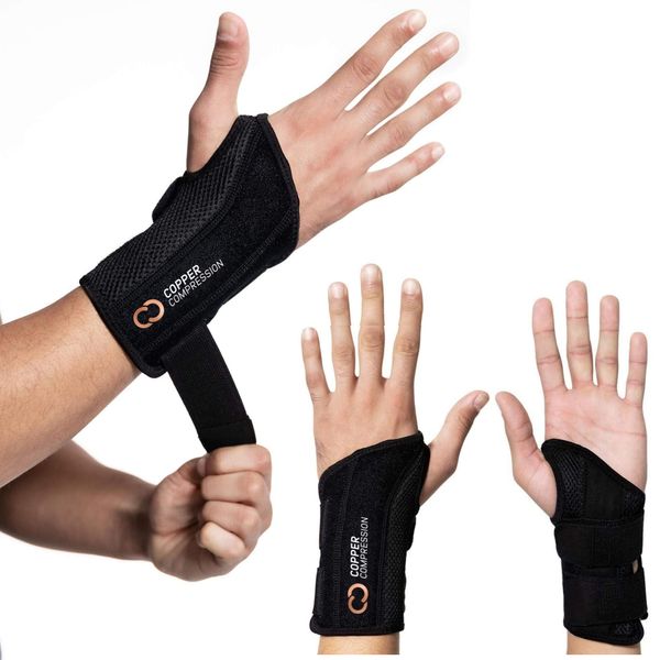 Copper Compression Wrist Brace - Copper Infused Adjustable Orthopedic Support Splint for Pain, Carpal Tunnel, Arthritis, Tennis Elbow, Tendinitis, RSI, Ganglion Cyst for Men Women - Left Hand - S/M