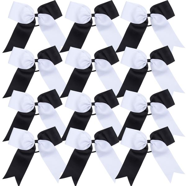 Cheerleading Bow Jumbo Cheer Bows 12 Pcs 7 Inch Ponytail Holder Cheerleader Bows Hair Tie(Black/White)