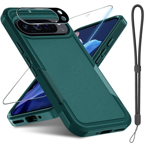 Janmitta for Google Pixel 9 Pro XL Case with Screen Protector+Camera Lens Protector+Wrist Strap Lanyard,Heavy Duty Shockproof Full Body Phone Cover,2024 Dark Green