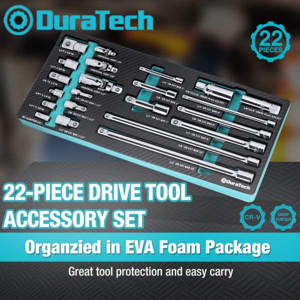 DURATECH 22PC Drive Tool Accessory Set Socket Adapters Extension Bars Steel