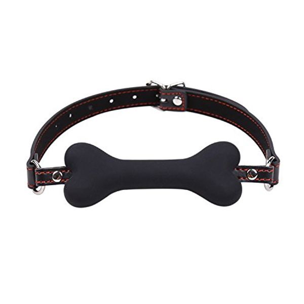 Party Bone Gag with Adjustable Buckle Strap & Contrast Top Stitching - Black