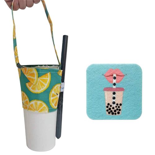 Portable Beverage Cup Foldable Holder Carrier, Tainada Reusable Drink Sleeve Handle Carry Strap for Coffee, Bubble Tea, Hot & Cold Drink with Integrated Straw Holder (Lime Slice Turquoise)