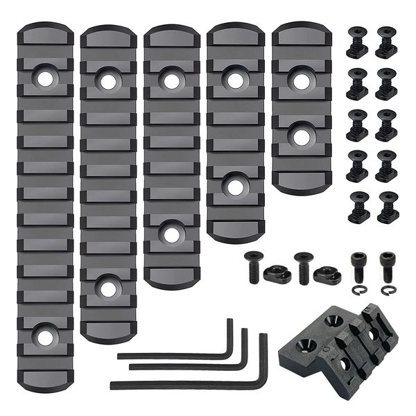 Picatinny Rail Set 5,7,9,11,13-Slot for Mlok, CG Gears Polymer Rails Section Offset Flashlight Mount with 12 T-Nuts & 14 Screws & 3 Allen Wrench (Black (5-7-9-11-13 Slot)+Rail Mount)