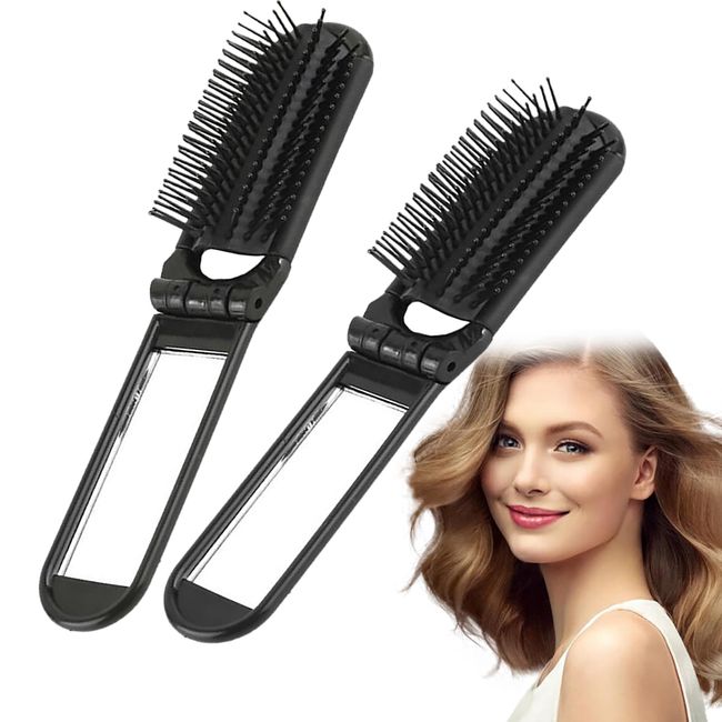 KMZ 2 Pack Folding Hair Brush with Mirror Travel Hair Brush Hair Massage Comb Mini Small Paddle Brush Portable Hair Styling Tools for Curly Thin Long Short Wet Dry Hair (Black)