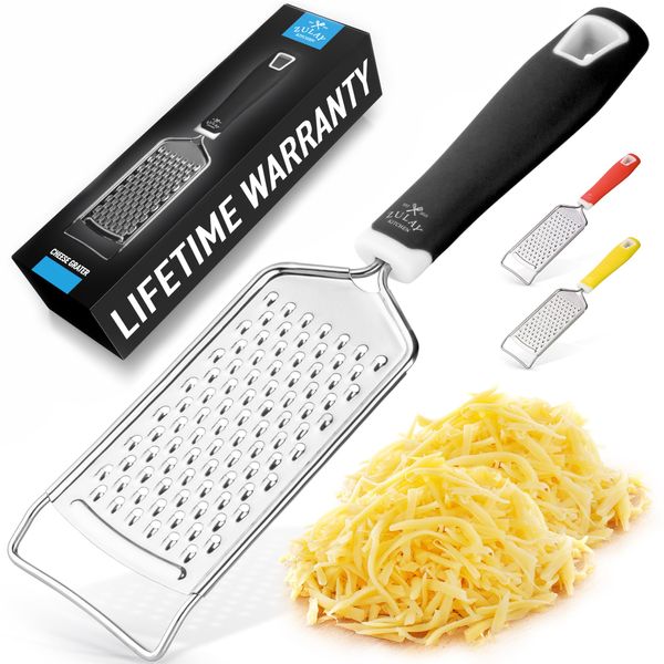 Zulay Kitchen Professional Cheese Grater Stainless Steel - Durable Rust-Proof Metal Lemon Zester Grater With Handle - Flat Handheld Grater For Cheese, Chocolate, Spices, And More - Black