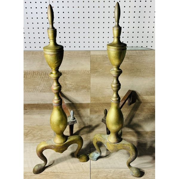 Vintage Pair of Brass Cast Iron Fireplace Andirons Set 22 1/4” H