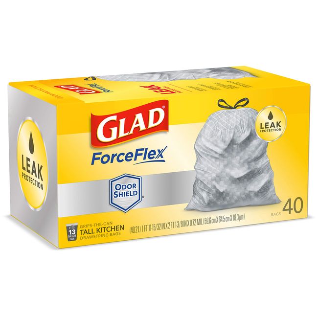 Glad® ForceFlex Tall Kitchen Drawstring Trash Bags – 13 Gallon Grey Trash  Bag, OdorShield® – 40 Count, Trash Bags