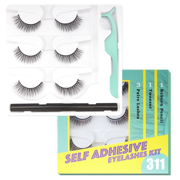 OLLOLASHES Self Adhesive Eyelashes Kit Reusable Adhesive Eyelashes No Glue Eyelashes Cat Eye Natural Eyelashes Eyelash Tweezers Self-adhesive Repair Pen 3 Pairs Kit (D48)