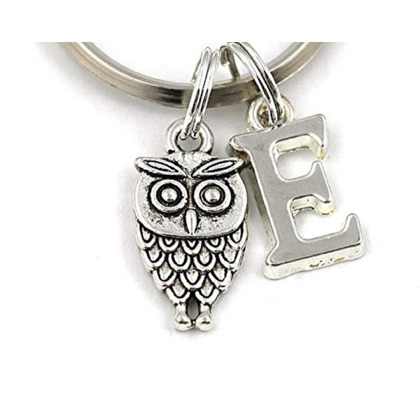 SILVER KNIGHT Small Owl Key Ring, Personalized Keyring, Initial Keychain, Bird Jewellery, Gift Bag