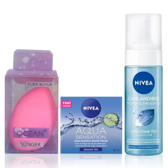 Aqua Sensation Canlandırıcı Bakım Kremi 50ml, Canlandırıcı Yüz Temizleme Jeli 200ml, Sünger Hediyeli